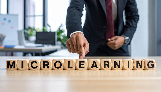 Microlearning - Geschäftsmann zeigt auf das Wort "Microlearning"