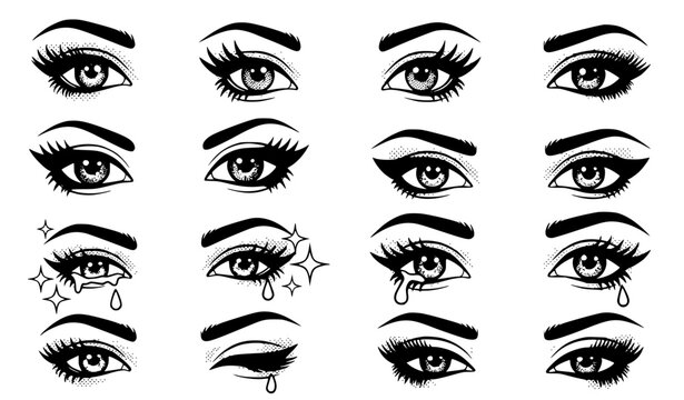 Pop art comic female eyes vector set black and white glamorous opened closed wink eyes with eyelashes design template