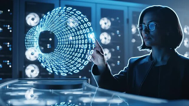Woman touches holographic binary code sphere at futuristic desk. Professional woman interacts with digital data sphere. Woman analyzes binary holographic display. Data sphere floats above desk.