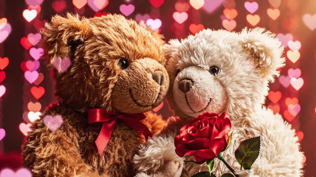 Two teddy bears in romantic embrace with heart shaped bokeh background