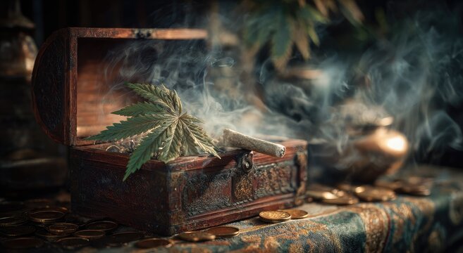 Smoking cannabis joint in an old wooden treasure chest