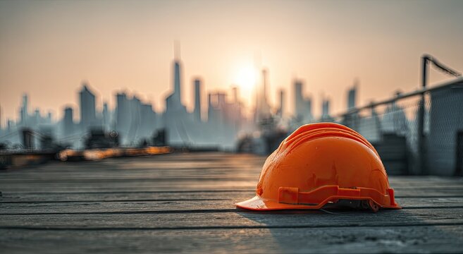 Orange hard hat on wooden surface with city skyline background