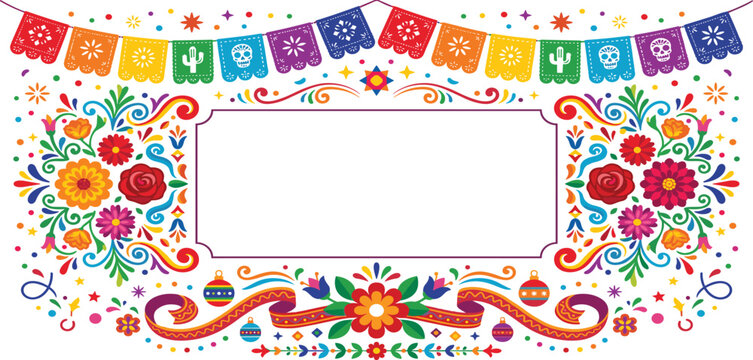 Mexican fiesta horizontal frame with papel picado sugar skulls floral ornaments and copy space for Cinco de Mayo or Day of the Dead.