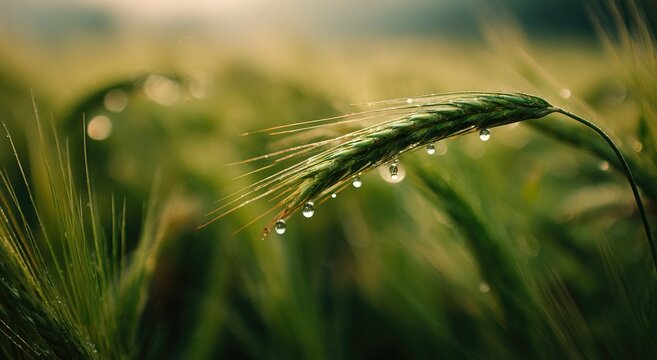 Green wheat ear with dew drops in a field