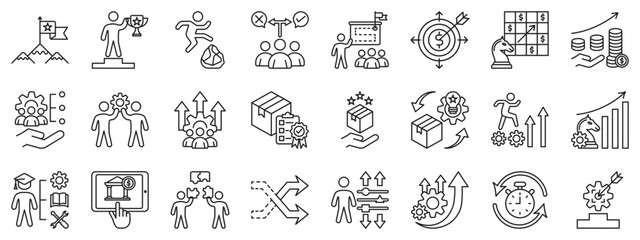 Obraz premium Business strategy, growth and achievement icon set. Duotone color icon including goal, teamwork, productivity, profit, investment, management, planning, development, success, performance, innovation