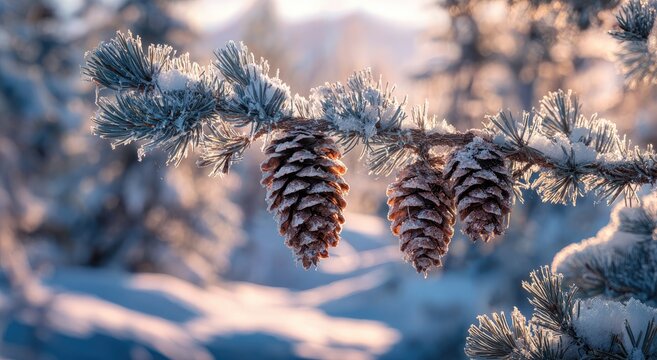 Pine cones covered in frost on a snow-covered branch in winter sunlight.