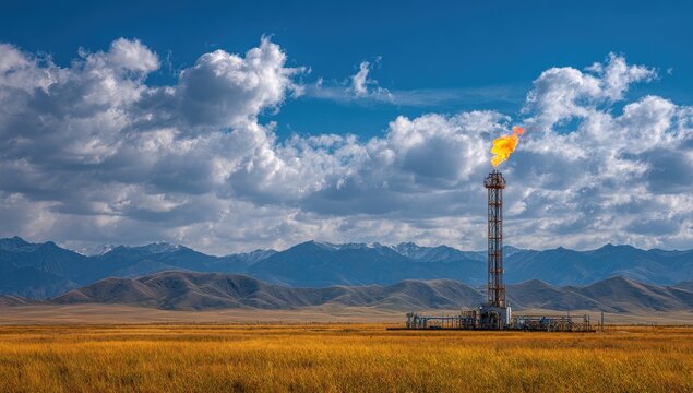 Industrial flare stack burns gas against a dramatic sky with mountains