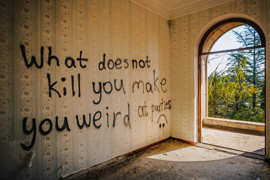Graffiti reading &ldquo;What does not kill you makes you weird at parties&rdquo; inside abandoned Sanatorium Iveria, Tskaltubo, Georgia.