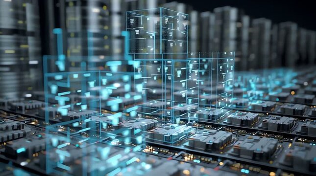 High tech digital server room with illuminated data storage units and futuristic holographic interface for data analysis and management