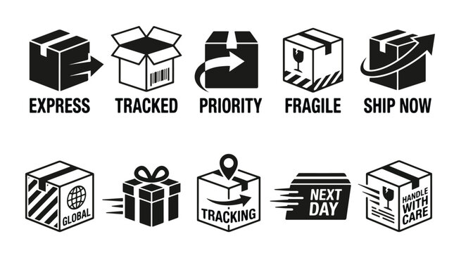 Set of shipping and logistics icons for e-commerce delivery services featuring express tracked priority fragile ship now global next day tracking and handle with care package symbol set