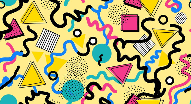 Retro 90s Memphis Style Seamless Pattern with Geometric Shapes and Wavy Lines