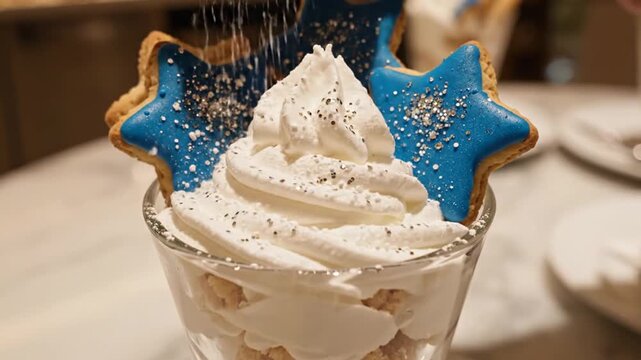 Dessert parfait with whipped cream star cookies glass cup table setting