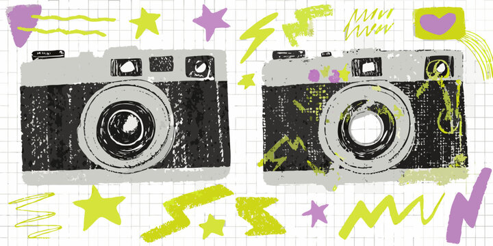 Two vintage cameras illustrated with colorful abstract shapes and lines