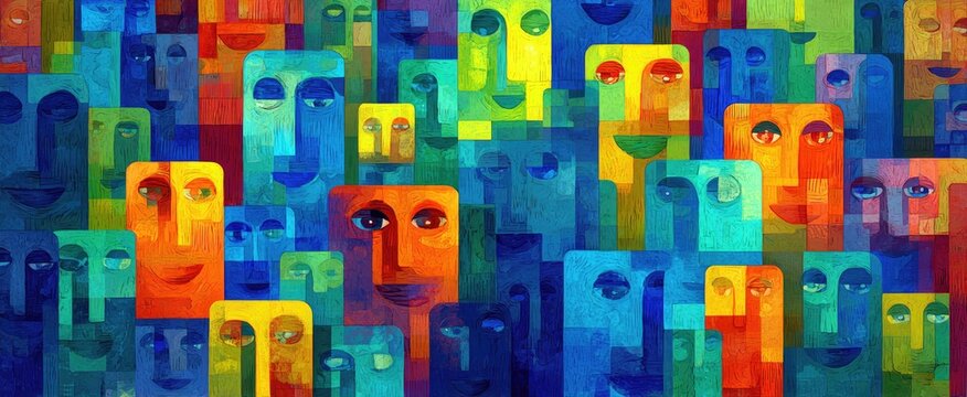 Colorful abstract faces in a crowd