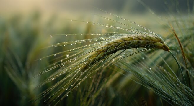 Close-up of dewy wheat ear in field