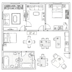 Fototapeta premium Architectural drawing showcasing a detailed floor plan layout of a residential home with furnished rooms including bedrooms living areas kitchen and bathroom providing an overhead perspective of