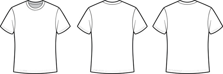Blank white t-shirt technical sketch vector template showing front and back views for fashion design and apparel mockup concepts © Md