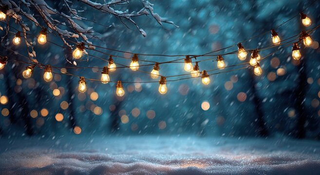Snowy forest scene with string lights
