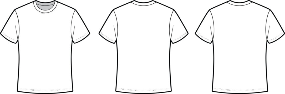 Blank white t-shirt technical sketch vector template showing front and back views for fashion design and apparel mockup concepts