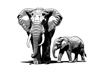 Fototapeta premium African Elephant and Calf Graphic Illustration - Minimalist Black and White Wildlife Art of Mother and Baby Elephant on White Background