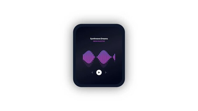 Smartwatch Music Player App Interface with Animated Purple Audio Spectrum Waveform Visualization