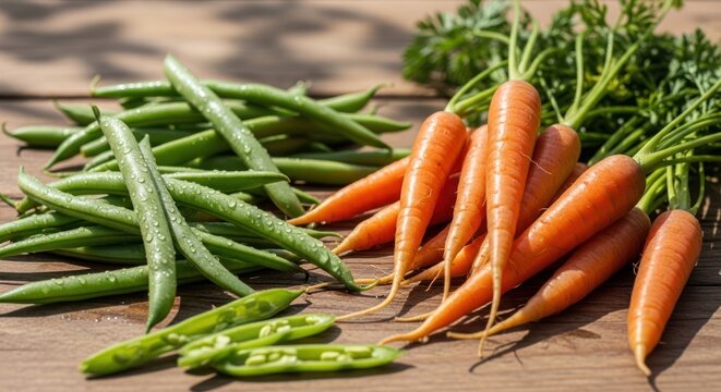 Fresh carrots and green beans on wooden table