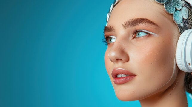 Young Woman with Headphones and Artistic Makeup against a Blue Background, Showcasing Modern Beauty and Style