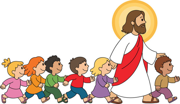 Jesus Christ walking with a group of diverse happy children vector illustration for religious education Sunday school and Christianity