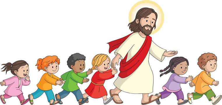 Jesus Christ walking with a group of diverse happy children vector illustration for religious education Sunday school and Christianity