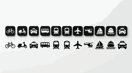 Transport icon set featuring bicycle scooter taxi bus train tram airplane helicopter boat and ship silhouettes for mobile app UI design navigation maps symbols in black and white style. © Itx Musa