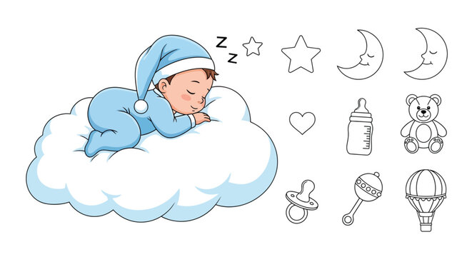 Sleeping baby illustration with dream themed icons moon stars and baby accessories