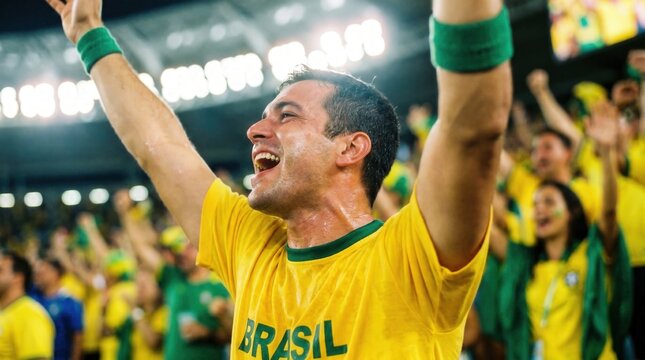 Passionate Brazil soccer fan celebrating goal victory in crowded stadium. Enthusiastic football supporter cheering for national team during match.
