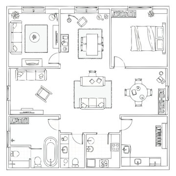 A meticulously drawn blueprint displays the comprehensive layout of a spacious apartment floor plan showcasing furniture arrangements within multiple rooms including bedrooms living areas