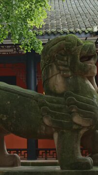 Chengdu, Sichuan, China. Stone Guardian Lion at Wuhou Memorial Temple. Guardian Lion Or Imperial Guardian Lions Are Traditional Chinese Architectural Ornament. Memorial Temple Of Marquis Wu
