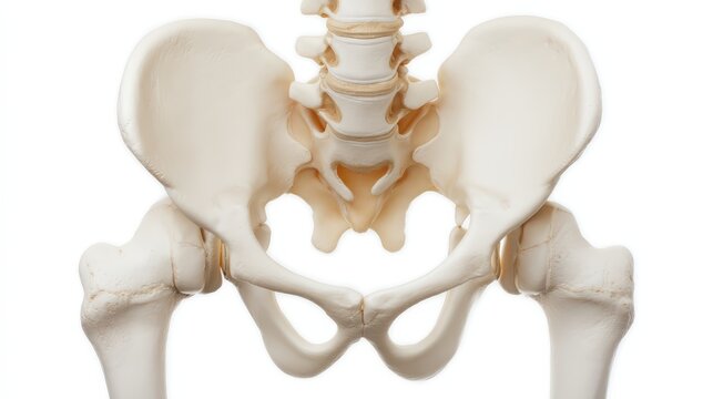 A detailed anatomical model of the human pelvic bone, showing the hip bones, sacrum, and femur heads.