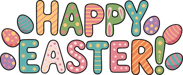 Happy Easter text vector illustration with colorful patterned letters and decorated eggs for spring holiday greetings and celebration concepts © Md