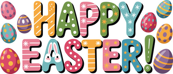 Happy Easter text vector illustration with colorful patterned letters and decorated eggs for spring holiday greetings and celebration concepts © Md