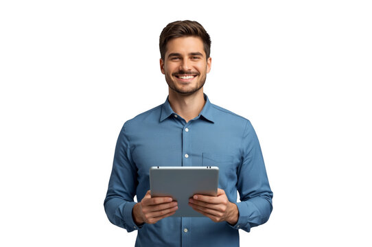 Smiling man holding digital tablet looking at camera