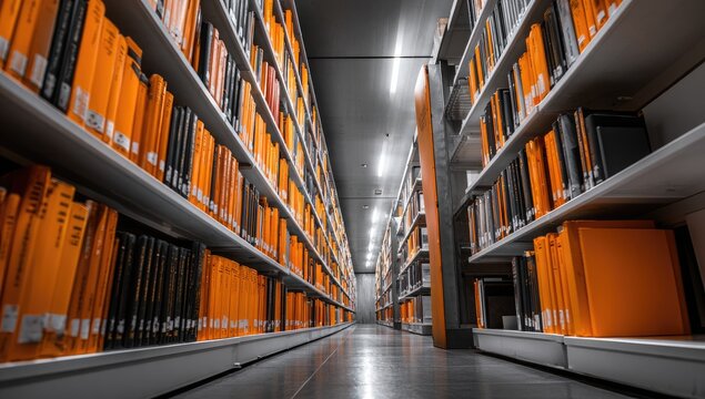 Endless rows of vibrant orange binders fill a modern library archive