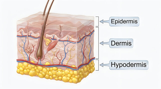 Skin anatomy, epidermis, dermis, hypodermis layers, cross-section, human skin structure