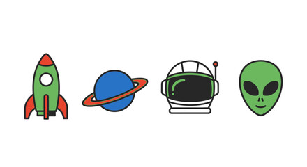Cartoon space exploration icons rocket planet astronaut and alien © MD