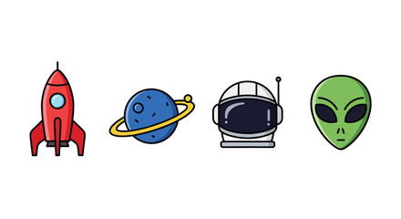 Cartoon illustration of a rocket planet astronaut helmet and alien © MD