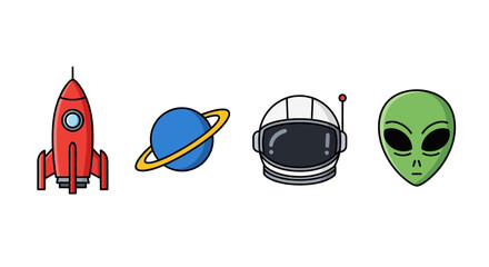 Cartoon icons depict space exploration with a rocket planet astronaut and alien © MD