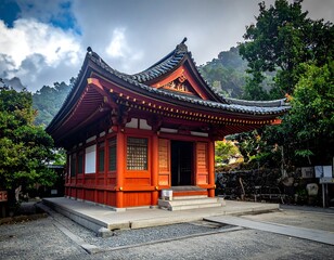 Naklejka premium Ornate red and gold temple building with intricate roof