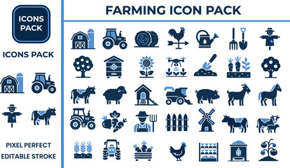 Farm agriculture livestock and rural harvest solid blue vector icons © Pixel_Forge