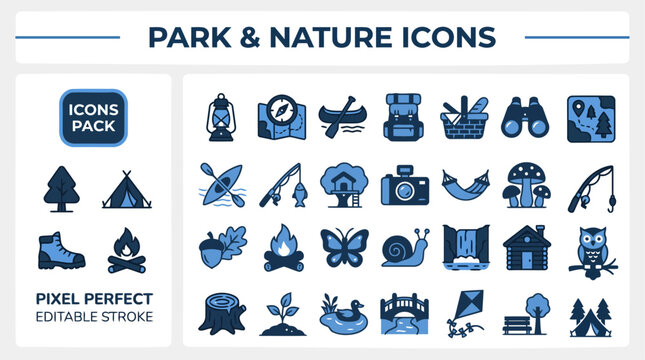 Park and Nature Outdoor outline icon set. Featuring tree, bench, butterfly, picnic table, and forest path symbols. Editable stroke vector icons for green space and urban park design template.