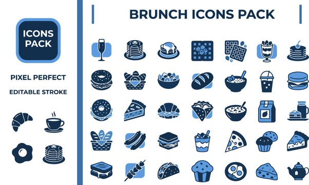 Brunch and Cafe Meal outline icon set. Featuring waffle, cereal bowl, juice, sandwich, and avocado toast symbols. Editable stroke vector icons for morning bistro and brunch restaurant design.