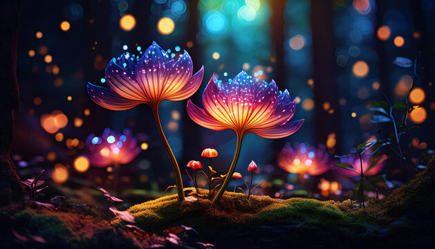 Glowing Bioluminescent Fantasy Flowers in an Enchanted Dark Forest / generated by AI
