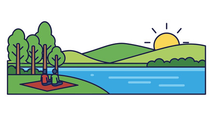 Fototapeta premium A peaceful lakeside scene with people relaxing on a picnic blanket