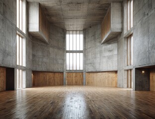Fototapeta premium A spacious, modern interior showcases a minimalist design with concrete walls, wooden accents, and large windows offering a glimpse of the outdoors.